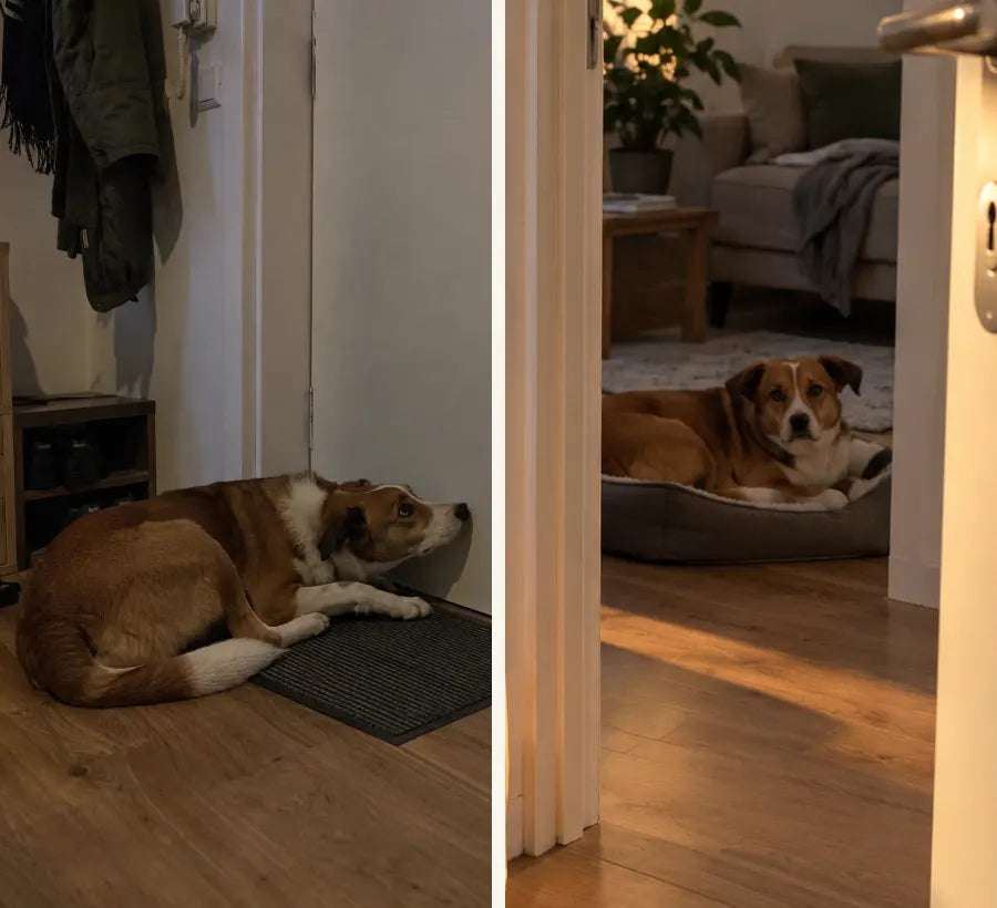 Two photos of the same dog. Left: lying on the doormat against the closed front door. Right: resting calmly in its bed at home.